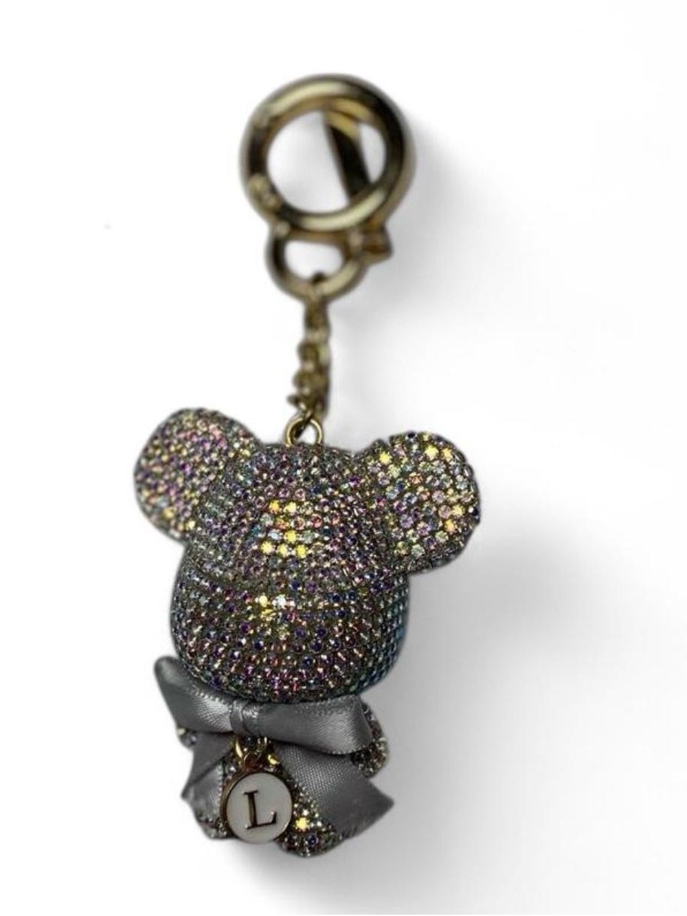 Sparkling Gray Bear Keychain with Bow - Accessories